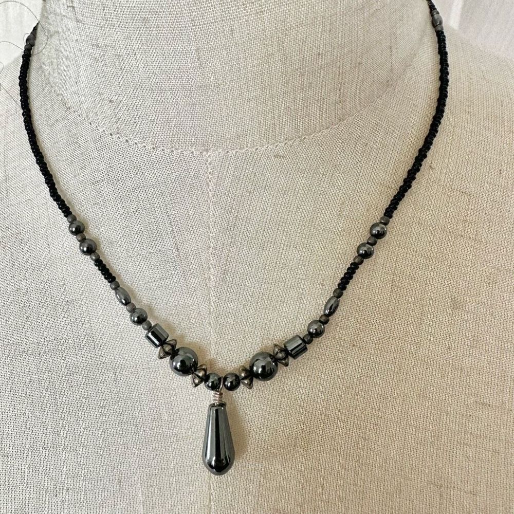 Hematite and black beaded necklace